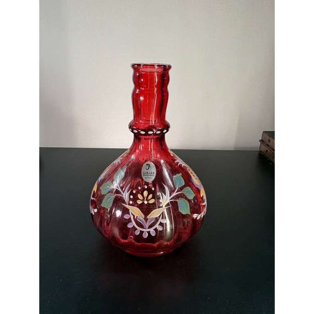 Fenton Cranberry Glass Vase Hand Painted Signed Limited Edition 786 of 1000